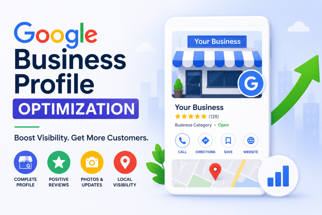 Google Business Profile optimization guide showing a business listing, customer reviews, local map, and improved visibility.
