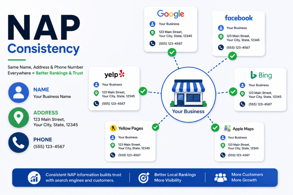NAP consistency for local SEO showing consistent business name, address, and phone number across online directories