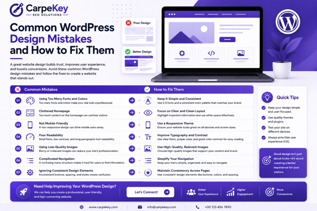 Infographic displaying common WordPress web design mistakes and easy fixes