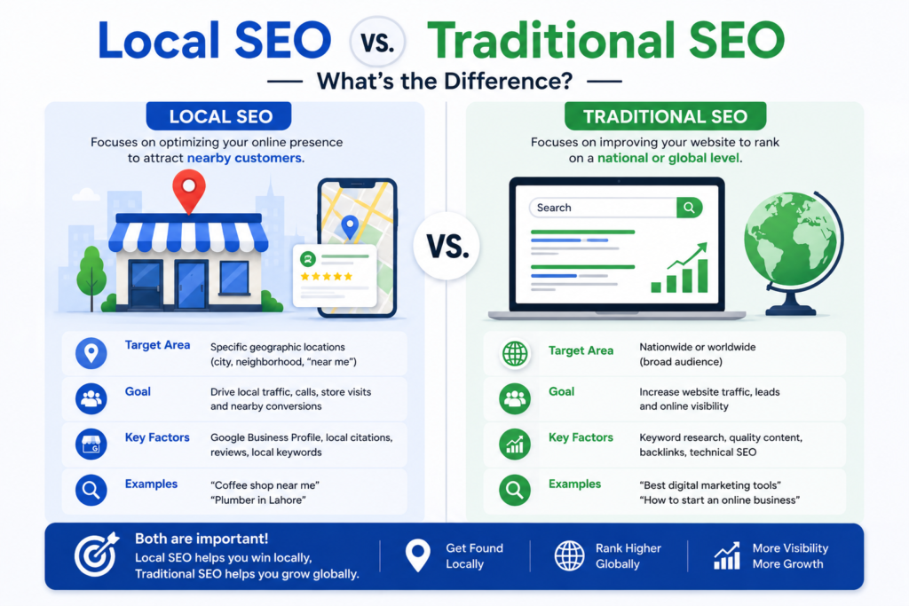 Local SEO vs traditional SEO comparison showing local search, Google Maps, and broader website search strategies.